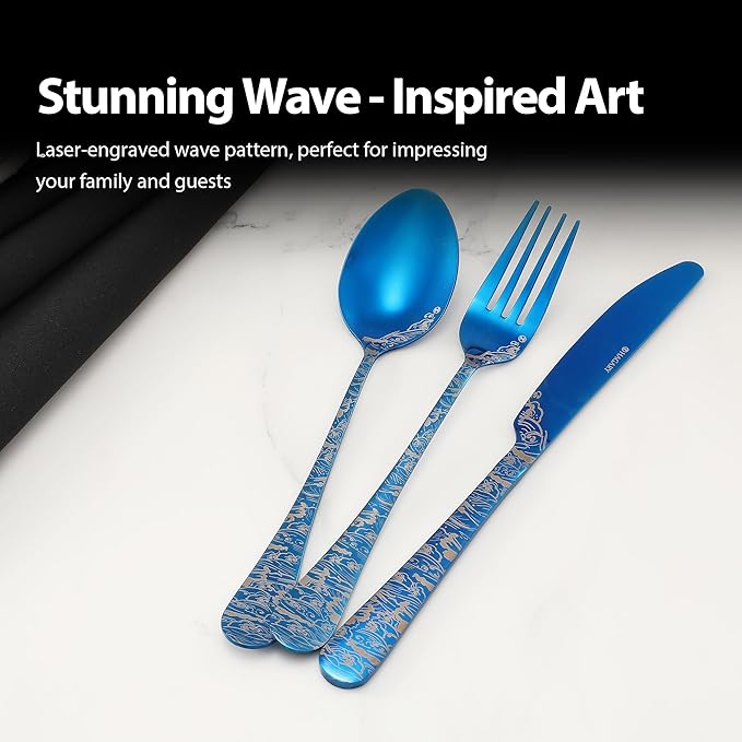 Wave Cutlery Set 20 Pieces Stainless Steel Flatware Set Service for 4 Utensils For Home Kitchen Wedding Laser Engraved Dishwasher Safe (All Blue)