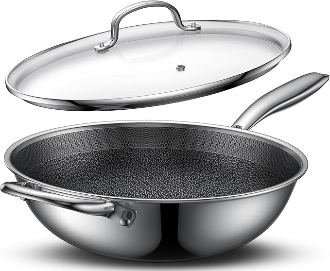 Hybrid Nonstick Wok, 12.5-Inch Stainless Steel Wok with Lid, Laser-Textured Wok Pan, PFOA-Free Woks & Stir-Fry Pans, Oven & Dishwasher safe, Induction Ready, Compatible for Gas Electric Glass Cooktops