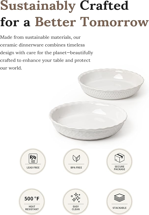 36oz 9 Inch Ceramic Pie Plate,Deep Embossed Dotted Baking Dish for Quiche, Tart, Apple Pie,Rustic Oven Safe Pie Pan with Textured Rim–White Stoneware