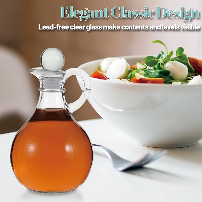 Oil and Vinegar Cruet Set of 2, Glass Oil and Vinegar Dispenser with Airtight Stopper, Glass Condiment Container for Homemade Oil, Salad Dressing