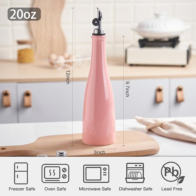 YOLIFE Olive Oil Dispenser Bottle, 20oz Ceramic Oil Dispenser for Kitchen, Oil Bottle with Gravity Spout, Leak Proof EVOO Dispensing Bottle with 2 Spouts and 1 Funnel for Vinegar, Juice(Pink)