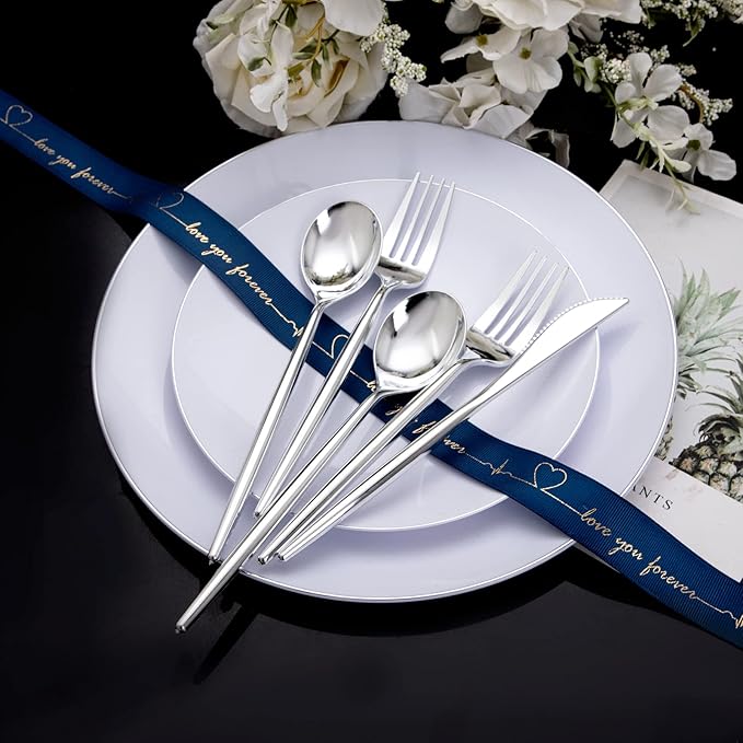 U-QE 120Pcs Silver Plastic Silverware, Luxury Plastic Cutlery, Heavy Weight Flatware, Silver Disposable Utensils Set Include 60 Forks, 30 Spoons, 30 Knives for Party