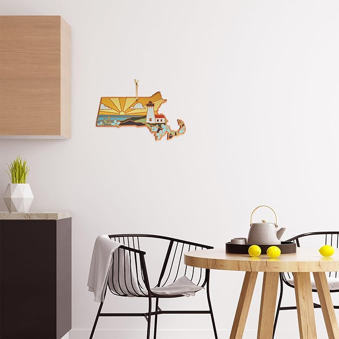 Totally Bamboo Massachusetts State Shaped Cutting Board and Charcuterie Serving Platter with Artwork by Summer Stokes, Includes Hang Tie for Wall Display