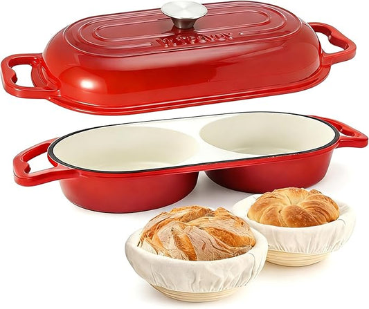 DIY Double Dutch Oven for Sourdough Bread Baking – Enamel Cast Iron Bread Baker with Lid, Bake Two Different Loaves at Once, 500°F Oven Safe, Includes 2×5" Banneton Proofing Baskets