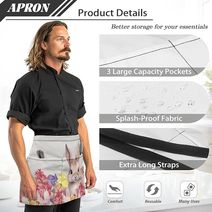 Server Waitress Waist Apron with 3 Pockets, Short Aprons for Servers,Waiter Apron For Waiter Accessories