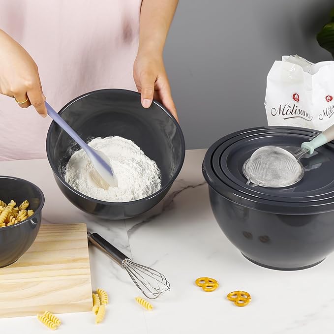 Plastic Mixing Bowls with Lids Set for Kitchen, Nesting Bowls for Mixing, Baking, Prepping, Cooking and Serving Food, Mixing Bowls Dishwasher, Microwave Safe (Dark Gray)