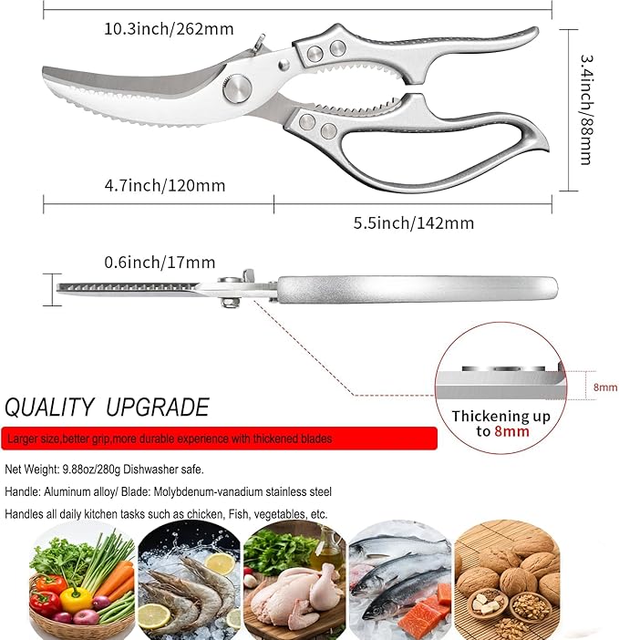 Heavy Duty Kitchen Scissors - All Purpose Poultry Shears with Anti-Slip Handle & Safety Lock, Stainless Steel Food Scissors for Chicken, Meat, Bones, Vegetables.Dishwasher Safe & Spring Loaded