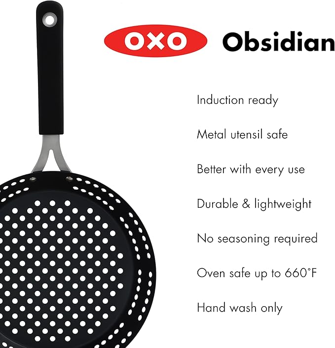 OXO Obsidian Pre-Seasoned Carbon Steel, 12" Frying Pan Skillet with Holes for Grilling with Removable Silicone Handle Holder, Induction, Oven Safe, Black
