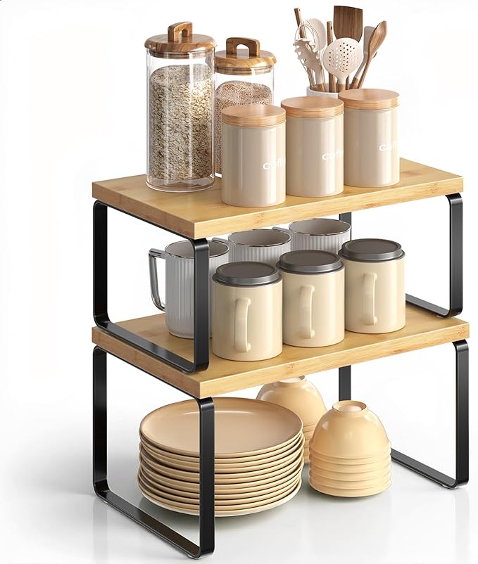 HOOBRO Cabinet Organizer Shelf, Set of 2 Kitchen Counter Shelves, Expandable Kitchen Storage, Stackable Bamboo Spice Rack, for Kitchen, Countertop, Office Desk, Bathroom, Natural and Black YB30TL01