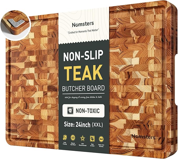 Teak Wood Extra Large End Grain Cutting Board for Kitchen with Non-slip Feet, Heavy Duty Checkered Cutting Board with Juice Groove & Handle Handcrafted Luxury Chopping Board for Meat, Vegetables