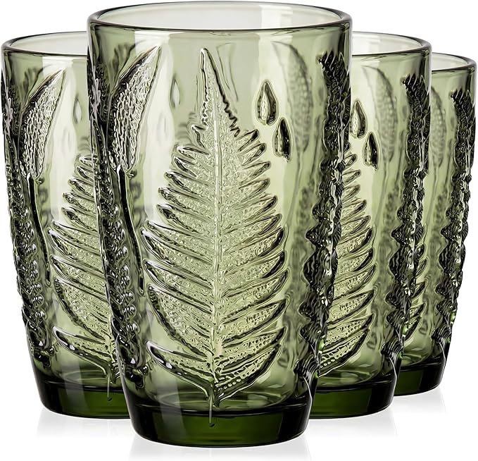 Green Drinking Glasses Set of 4, 12 oz Hand-Pressed Vintage Drinking Glasses, Deep Textured Antique Glassware, Fern Embossed Highball Tumblers, Colored Boho Glass Cups, Retro Style Drinkware Gift Set