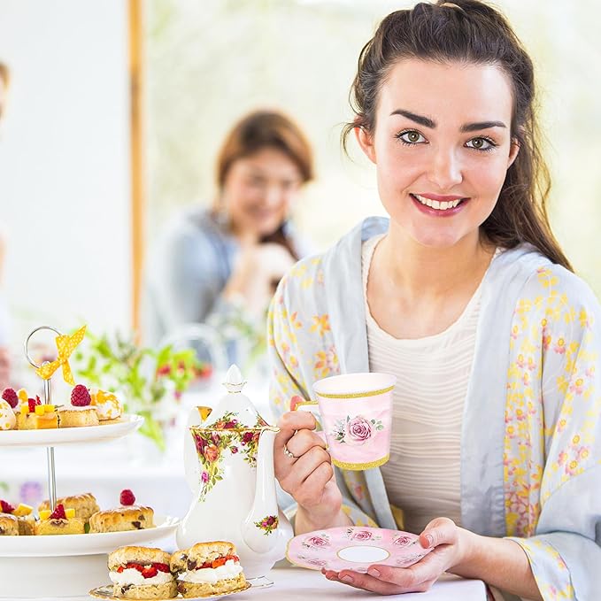 50 Pcs Paper Tea Cups and Plates Pink Floral Disposable Paper Teacups and Saucer Sets with Gold Rim Decorations for Hot Cold Drinks for Wedding Birthday Baby Shower Tea Party, Serve 25