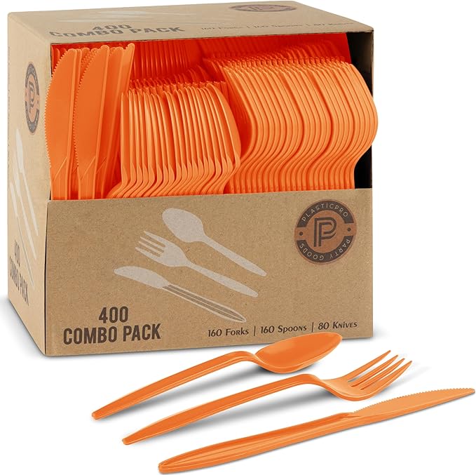 PLASTICPRO 400 Pack Disposable Plastic Utensils Assorted Colored Cutlery Combo Set Forks Spoons Knives Silverware, Orange Plastic Cutlery for Parties