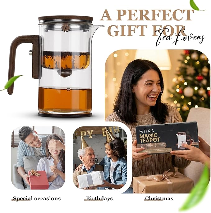 MIIKA Magic Glass Tea Pot with Infuser for Loose Tea – Bottom Dispense Stainless Steel Strainer, Borosilicate Glass, Elegant Tea Scoop, Protective Base and Drip-Free, Easy-to-Clean Design