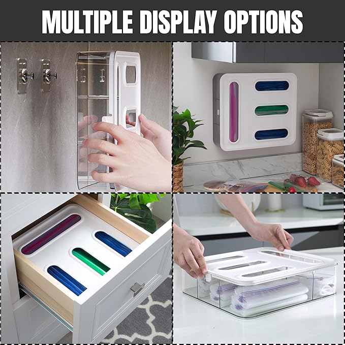 4 IN 1 Food Storge Bag Organizer for Kitchen Drawer, 4-Slot, Wall Mountable | Compatible with Sandwich, Snack, Gallon & Slider Bags, with Locking Lid Design Food Storage Bag Holder, Space saving