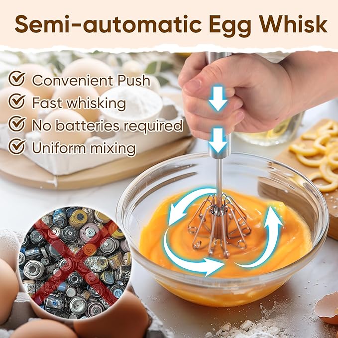 Whizzy Whisk, Stainless Steel Egg Whisk, Hand Push Rotary Whisk Blender, Versatile Milk Frother, Hand Push Mixer Stirrer for Blending, Whisking, Beating & Stirring (12in)