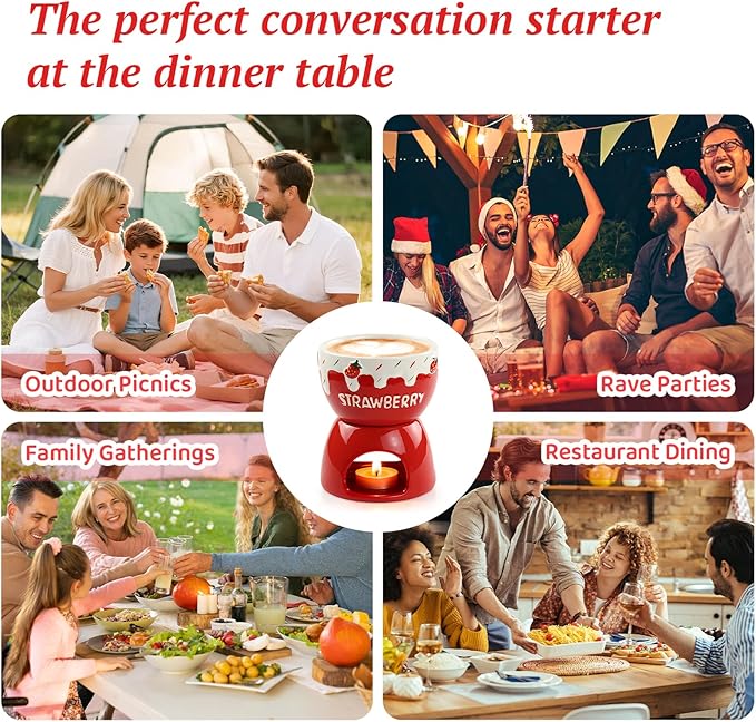 Mini Sweet Fondue Cup, Ceramic Chocolate Melting Pot and Stove Set of 2, Coffee Warmer Mug, Portable for Cheese, Butter Melting Dipping Tool for Marshmallows/Fruits for Camping/Date/Movie Night/Party