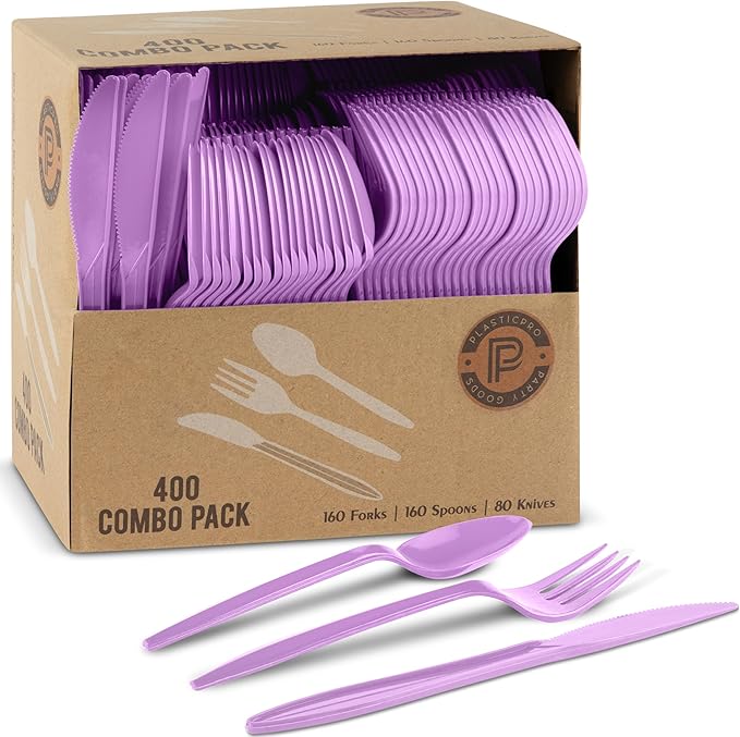 PLASTICPRO 400 Pack Disposable Plastic Utensils Assorted Colored Cutlery Combo Set Forks Spoons Knives Silverware, Purple Plastic Cutlery for Parties