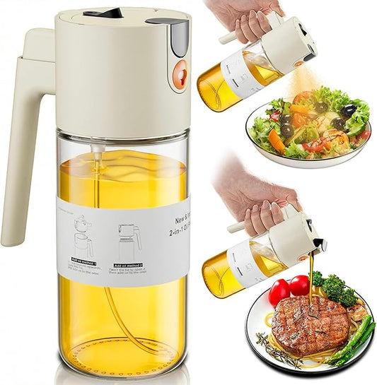 2026 Upgrade Oil Sprayer for Cooking, 2 in 1 Glass Olive Oil Dispenser 17oz, Food Grade Leakproof Kitchen Oil Bottle for Air Fryer BBQ Salad