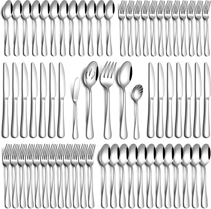 65 Piece Silverware Set with Serving Utensils, Stainless Steel Flatware Set for 12 Food Grade Novelty Flatware Cutlery Utensil Set Include Knife Fork Spoon Mirror Polished Dishwasher Safe