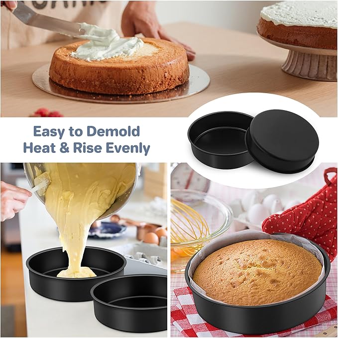 E-far 8x2 Inch Cake Pan Set of 2, Nonstick Round Cake Pans Tins for Baking Birthday Wedding Layer Smash Cakes, Stainless Steel Core & Nontoxic Coating, Straight Side(Black)