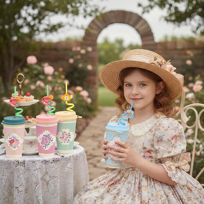 24 Set Flower Cups for Tea Party Tumbler 16 oz Vintage Floral Cup with Straw Lid Tea Party Disposable Plastic Cup Flower Coffee Tumbler Bulk Spring Mug Wedding Mother Hot Cold Drink Birthday Supply