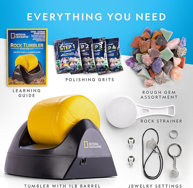 National Geographic Starter Rock Tumbler Kit - Durable Leak-Proof Rock Polisher - Complete Rock Tumbling Kit with 4-Stage Silicon Carbide Grit - Geology Hobby, Rocks & Crystals (Amazon Exclusive)