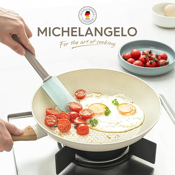 MICHELANGELO 8 Inch Frying Pan with Lid, Nonstick Fry Pan with Granite Coatings, Healthy & Non-Toxic Small Skillet, Induction Compatible