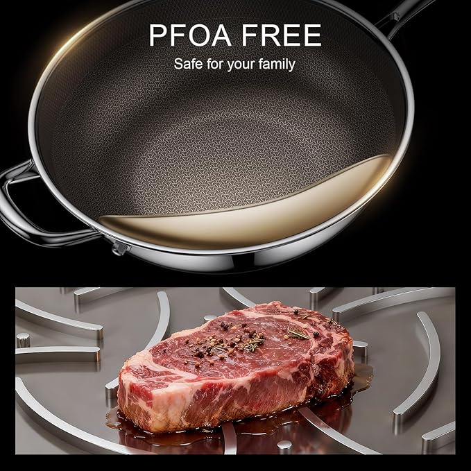 Hybrid Nonstick Wok, 12.5-Inch Stainless Steel Wok with Lid, Laser-Textured Wok Pan, PFOA-Free Woks & Stir-Fry Pans, Oven & Dishwasher safe, Induction Ready, Compatible for Gas Electric Glass Cooktops