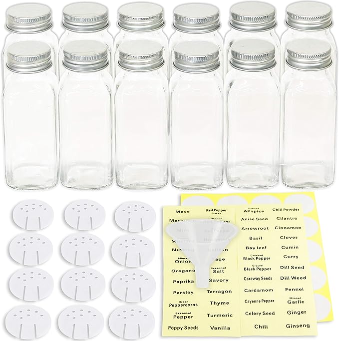 Simple Houseware Spice Jars 6 Ounce Square Glass Bottles with Shaker Lids, Funnel and Labels for Seasoning & Storage, 24 Pack