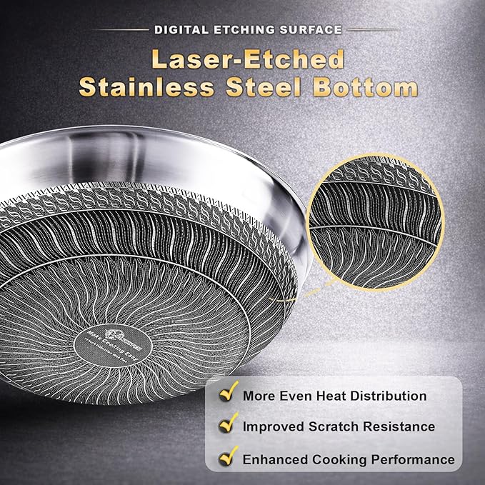LOLYKITCH 13 Inch Hybrid Nonstick Wok with Lid, Double-Sided Honeycomb Stainless Steel Wok Pan, Long Handle, Induction Compatible, Oven & Dishwasher Safe