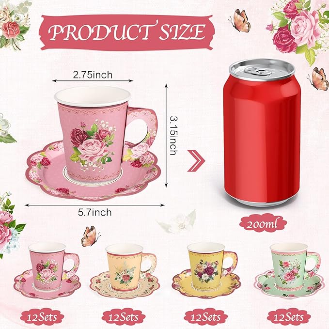 24 Sets Vintage Floral Tea Party Cups 7 OZ Disposable Paper Tea Cups with Handle and Plates Teacups and Saucer Sets for Baby Bridal Shower Wedding Birthday(Vintage Style)