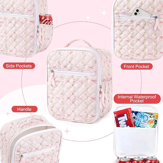 Aileam Lunch Box Lunch Bag for Women Cute Girls Insulated Womens Lunch Bag For Work Quilted Large Capacity Reusable Insulated Cooler for Work Picnic Travel Pink Bow Flower