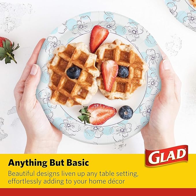 Glad Round Disposable Paper Plates, Blue Flower - Soak and Cut Proof, Microwave Safe, Heavy Duty Bulk Plates for Dinner and Everyday Use, 10 Inch - 50 Count - 2 Pack