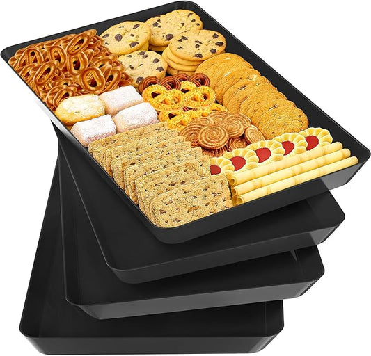 4-Pack Serving Tray Set, Reusable Plastic Serving Platter for Party Supplies, Entertaining, Grilling Accessories, Stackable Kitchen Snack Box Container for Dessert, Fruit, Cookie, (Black)