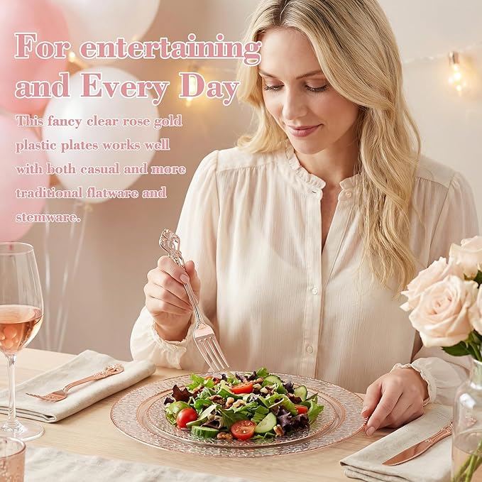 102PCS Rose Gold Plastic Plates - Clear Rose Gold Disposable Plates - Elegant Hammered Plate Include 51PCS 7.5inch Dessert & 51PCS 10.25inch Dinner Plate for Easter Party