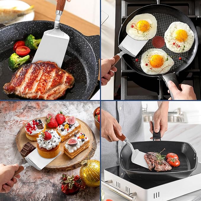 Stainless Steel Spatula Turner, Vayvnt Heavy Duty Metal Griddle Spatula for Cast Iron, Kitchen Flipper for Turning Serving, Beveled Edge & Wooden Handle, Great for Egg, Pancake, Fish, Cake, Burger