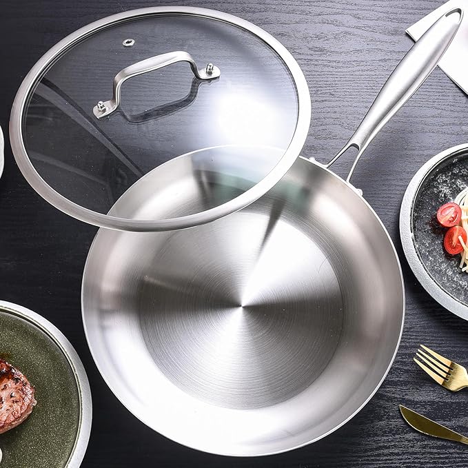 LOLYKITCH 11 Inch Tri-ply Stainless Steel Frying Pan with Lid,Skillet,Induction Cooking Pan,Dishwasher and Oven Safe,Detachable Handle