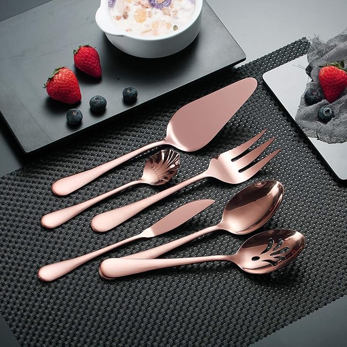 Berglander Stainless Steel Rose Gold Titanium Plated Flatware Serving Set 6 Pieces, 5 Serving Pieces of 45 Pieces Flatware With 1 Cake Server, Copper Serving Silverware Set (Shiny Rose Gold)