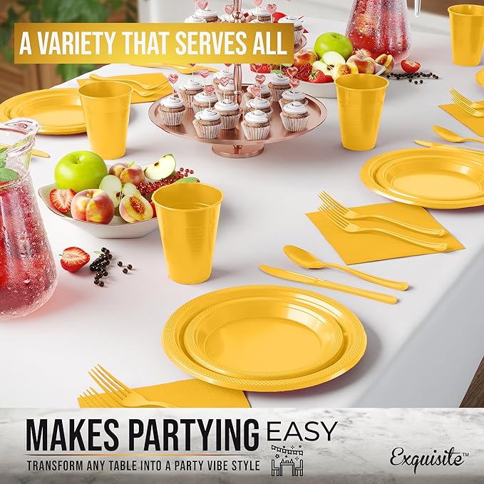 350 Pcs Yellow Plastic Plates For Party, Yellow Disposable Plates Set, 50 Of Each 9" Dinner Plate Set, 7" Dessert Plate, Cups, Napkins & Cutlery Plastic Dinnerware Set Exquisite