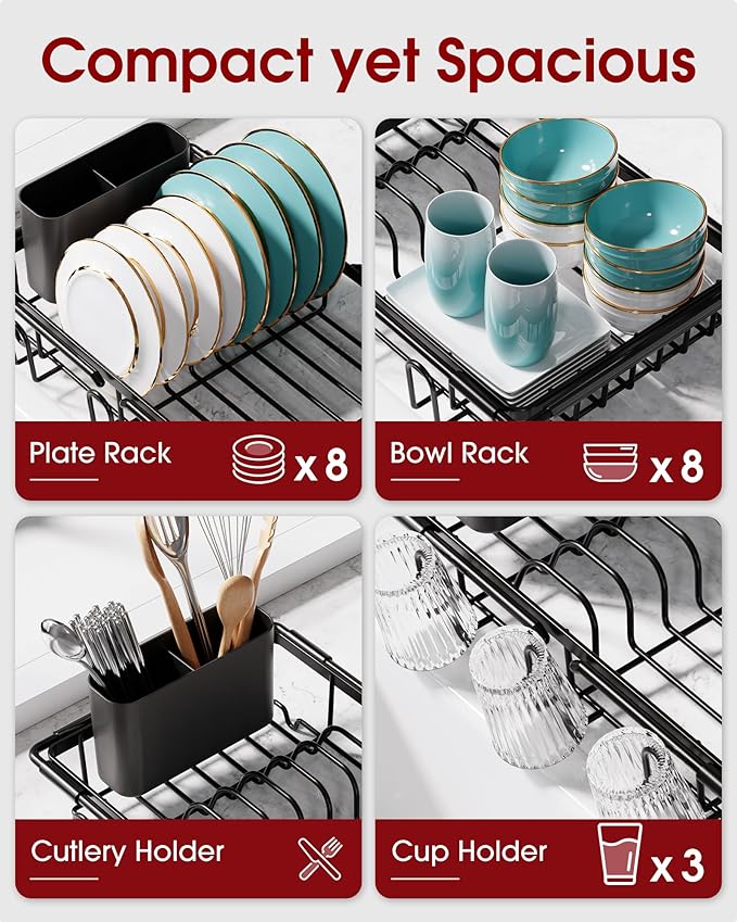 Dish Drying Rack in Sink - Expandable Stainless Steel Dish Rack Over the Sink, Kitchen Sink Drain Strainer with Cutlery Holder & Cup Holders, 15.4 x 9.8 x 3.0 Inch, Black