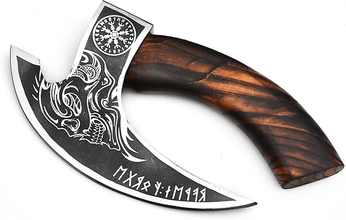 Handmade 11” Pizza Cutter, 10” Cutting Blade with Carbon Steel, Leather Sheath, Skull Design, Viking Style Pizza Cutter Design. Multi-Purpose Cutter… (Dark Wood Handle)