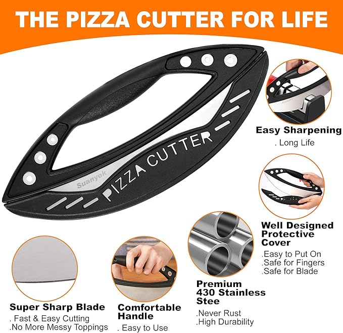 Premium Pizza Cutter Rocker Blade with Cover, 12" Stainless Steel Large Wheel Slicer-Food Vegetable Chopper Kitchen Gadgets, Black