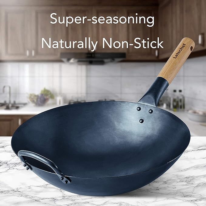 14 inch Carbon Steel Wok with Round Bottom-Free Chemical cookware for Gas Stoves, Open Fire-Hand Hammered Chinese Traditional Wok with Bamboo Handle(No lid included)