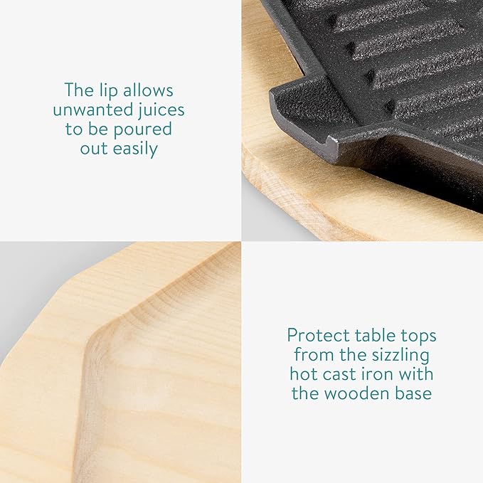 Navaris Sizzling Cast Iron Skillet Set - Fajita Grill Pan with Removable Handle for Fajitas, Steak, Sizzler Dishes 13.4" x 8" - Includes Wood Trivet