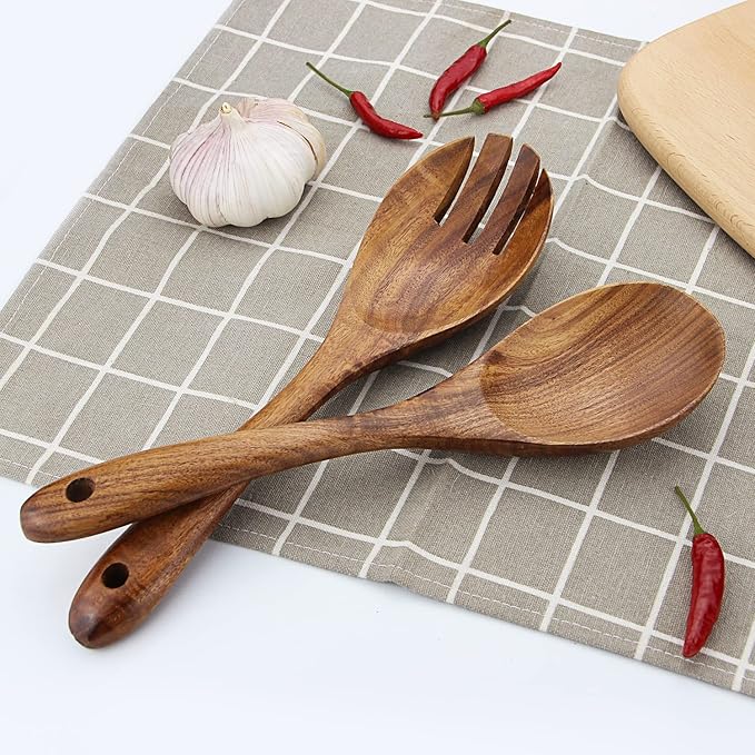 AOOSY Acacia Wood Salad Tongs,10.2 Inch Serving Utensils Set,Salad Fork and Salad Spoon for Serving,Long Handle Salad Server Set Kitchen Cooking Utensil