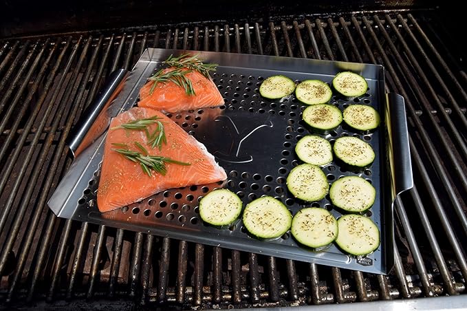 Proud Grill Company Yellowstone BBQ Grill Pan - Stainless Steel Topper, Grilling Tray for Veggies, Seafood & Meat, Outdoor Cooking Pan, Smoker Tray Gifts for Men, Heavy Duty BBQ Accessories - Silver
