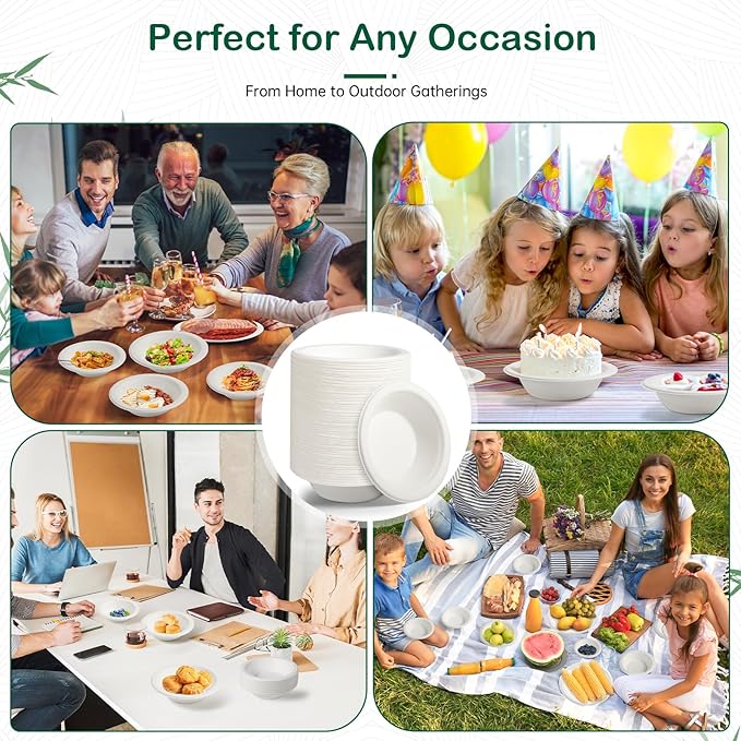 8 oz 128-Pack Compostable Paper Bowls, Small Disposable Dessert & Snack Bowls, Heavy-Duty Bagasse Bowls for Ice Cream, Sauce & Kids Meals, Microwave & Freezer Safe, Eco-Friendly (White)