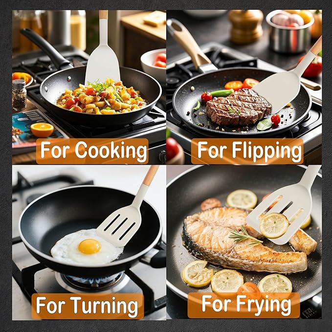 Set of 2 Silicone Spatula Turner for Nonstick Cookware, 600°F Heat Resistant Solid Slotted Kitchen Spatula Set with Wooden Handle, Cooking Utensils Set for Egg, Pancake, Fish, Burger