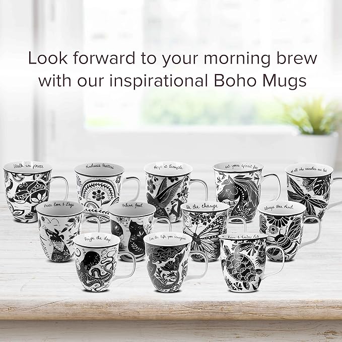 Karma Gifts 16 oz Black and White Boho Mug Hummingbird - Cute Coffee and Tea Mug - Ceramic Coffee Mugs for Women and Men, 1 Count (Pack of 1)